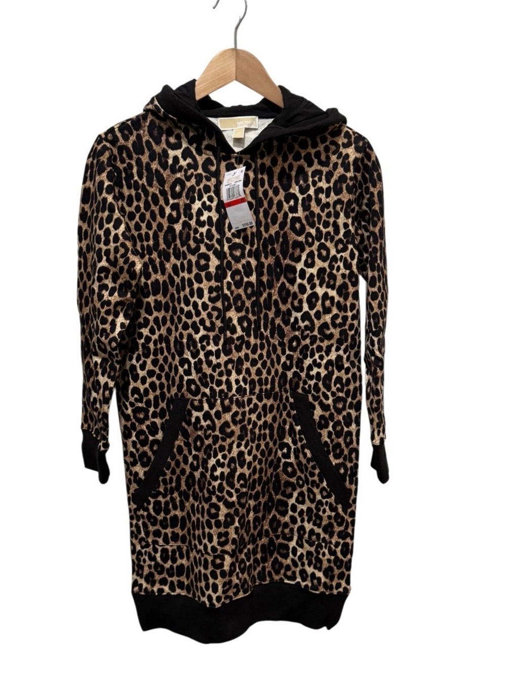 MICHAEL KORS NWT Women's Leopard Print Long Sleeve Cotton Terry Hoodie Dress XS
